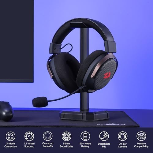 Redragon H858 3 Mode Wireless Gaming Headset  7 1 Surround Sound  53 mm Drivers  Memory Foam Ear Pads  Detachable Noise canceling Microphone  Over Ear Headphones Works for Mobile  PC/PS5/NS