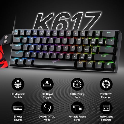Redragon K617 HE Rapid Trigger Gaming Keyboard  60  61 Keys Wired Mechanical Keyboard w/Hyper Fast Actuation  Dedicated Hall Effect Magnetic Switch  Actuation Point Adjustable  Strap Version