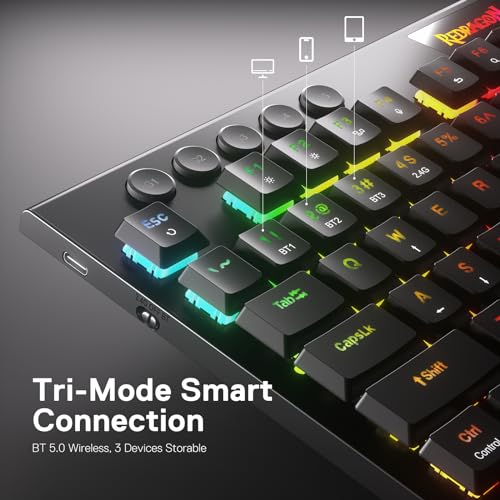 Redragon K618 PRO 3 Mode Wireless RGB Mechanical Keyboard  BT/2 4Ghz/Wired Low Profile Win/Mac Gaming Keyboard w/Ultra Thin Design  Dedicated Media Control & Linear Red Switch
