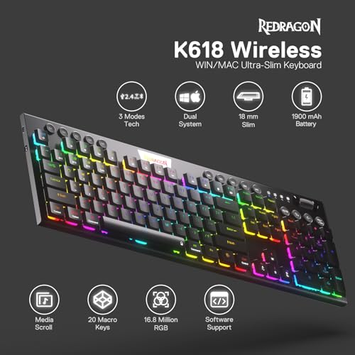 Redragon K618 PRO 3 Mode Wireless RGB Mechanical Keyboard  BT/2 4Ghz/Wired Low Profile Win/Mac Gaming Keyboard w/Ultra Thin Design  Dedicated Media Control & Tactile Brown Switch
