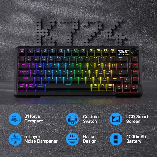 Redragon K724 PRO Wireless Gasket Gaming Keyboard w/Hype Screen & Knob  81 Key Mechanical Keyboard  Easy Control 1 14   TFT Info Display  5 Layer Noise Dampening  Custom Linear Switch