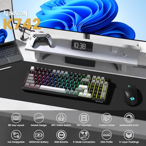 Redragon K742 Wireless Mechanical Gaming Keyboard with Knob  Bluetooth 5 0/2 4GHz/USB C Wired Creamy Keyboard with Number Pad for PC Computer  Hot Swappable RGB Backlits  Custom Linear Switch  Black