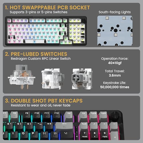 Redragon K742 Wireless Mechanical Gaming Keyboard with Knob  Bluetooth 5 0/2 4GHz/USB C Wired Creamy Keyboard with Number Pad for PC Computer  Hot Swappable RGB Backlits  Custom Linear Switch  Black