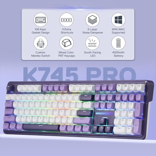 Redragon K745 PRO Wireless Gasket RGB Gaming Keyboard  108 Keys Mechanical Keyboard w/Extra 4 Hotkeys  Hot Swap South Facing LED Socket  5 Layer Noise Dampening  Round PBT Keycaps  Mint Mambo Switch