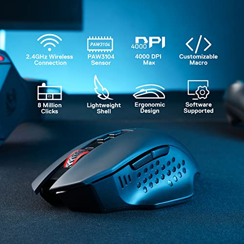 Redragon M656 Gainer Wireless Gaming Mouse  4000 DPI 2 4Ghz Wireless Mouse w/ 5 DPI Levels  7 Macro Buttons  Red LED Backlit & Pro Software/Drive Supported  for PC/Mac/Laptop