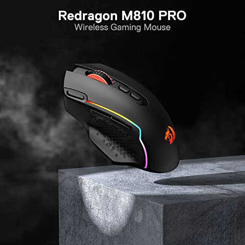 Redragon M810 Pro Wireless Gaming Mouse  10000 DPI Wired/Wireless Gamer Mouse w/Rapid Fire Key  8 Macro Buttons  45 Hour Reliable Power Capacity and RGB Backlit for PC/Mac/Laptop