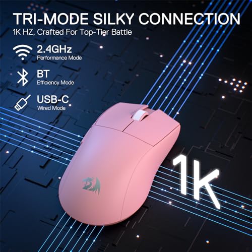 Redragon M916 PRO 3 Mode Wireless Gaming Mouse  49G Ultra Light 26K DPI Mouse w/Ergonomic Natural Grip Build  Full Programmable Buttons  Software Supports DIY Keybinds & DPI  1K Hz  Pink 