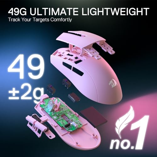 Redragon M916 PRO 3 Mode Wireless Gaming Mouse  49G Ultra Light 26K DPI Mouse w/Ergonomic Natural Grip Build  Full Programmable Buttons  Software Supports DIY Keybinds & DPI  1K Hz  Pink 