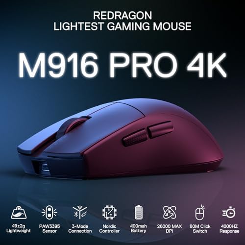 Redragon M916 PRO 3 Mode Wireless Gaming Mouse  Hype Speed 4K Polling Rate  49G Ultra Light 26K DPI Mouse w/Ergonomic Natural Grip Build  Redefinable Macro Buttons  Software Supported