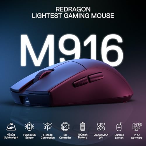 Redragon M916 PRO 3 Mode Wireless Gaming Mouse  Hype Speed 4K Polling Rate  49G Ultra Light 26K DPI Mouse w/Ergonomic Natural Grip Build  Redefinable Macro Buttons  Software Supported