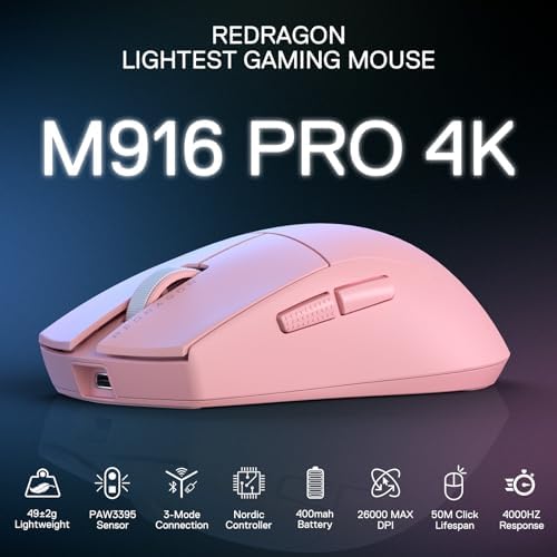Redragon M916 PRO 3 Mode Wireless Gaming Mouse  Hype Speed 4K Polling Rate  49G Ultra Light 26K DPI Mouse w/Ergonomic Natural Grip Build  Redefinable Macro Buttons  Software Supported