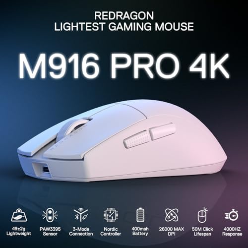 Redragon M916 PRO 3 Mode Wireless Gaming Mouse  Hype Speed 4K Polling Rate  49G Ultra Light 26K DPI Mouse w/Ergonomic Natural Grip Build  Redefinable Macro Buttons  Software Supported