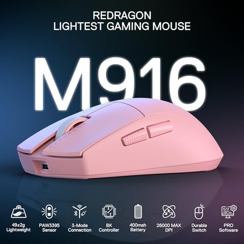 Redragon M916 PRO 3 Mode Wireless Gaming Mouse  Hype Speed 4K Polling Rate  49G Ultra Light 26K DPI Mouse w/Ergonomic Natural Grip Build  Redefinable Macro Buttons  Software Supported