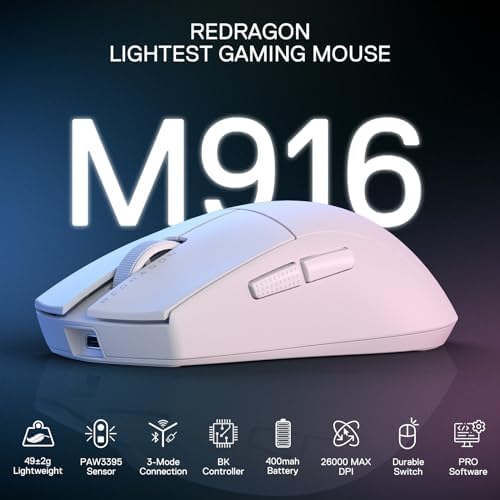 Redragon M916 PRO 3 Mode Wireless Gaming Mouse  Hype Speed 4K Polling Rate  49G Ultra Light 26K DPI Mouse w/Ergonomic Natural Grip Build  Redefinable Macro Buttons  Software Supported