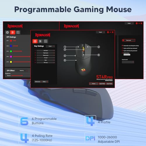 Redragon Ratón inalámbrico para juegos, ultraligero de 26 K DPI para juegos, mouse Bluetooth de tres modos ergonómico con agarre natural, botones programables completos, software compatible con