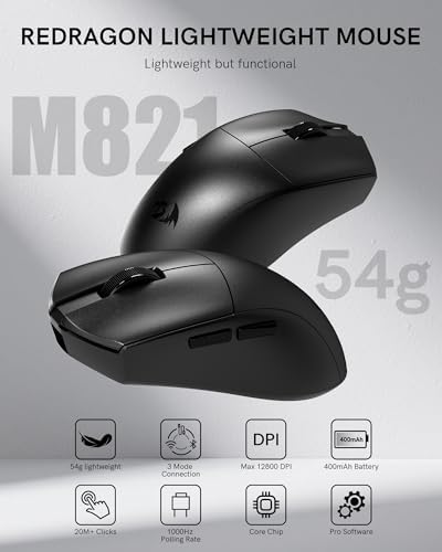 Redragon Wireless Gaming Mouse  54G Lightweight  Tri Mode 2 4G/USB C Wired/Bluetooth  Black PC Gaming Mice for Computer Laptop Mac Windows  Max 128000 DPI  1K Polling  6 Programmable Buttons  M821