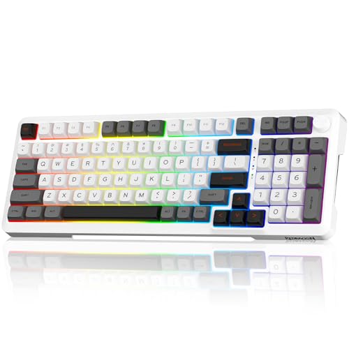 Redragon Teclado mecánico inalámbrico, teclado RGB para juegos de 3 modos montado en juntas con perilla de volumen, interruptores lineales preiluminados, perfil MDA y 98 teclas teclado cremoso