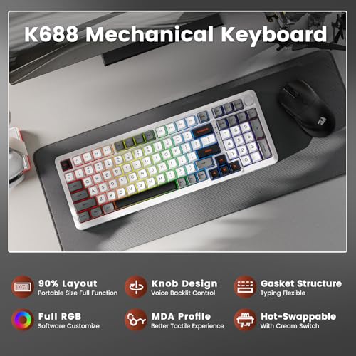 Redragon Teclado mecánico inalámbrico, teclado RGB para juegos de 3 modos montado en juntas con perilla de volumen, interruptores lineales preiluminados, perfil MDA y 98 teclas teclado cremoso
