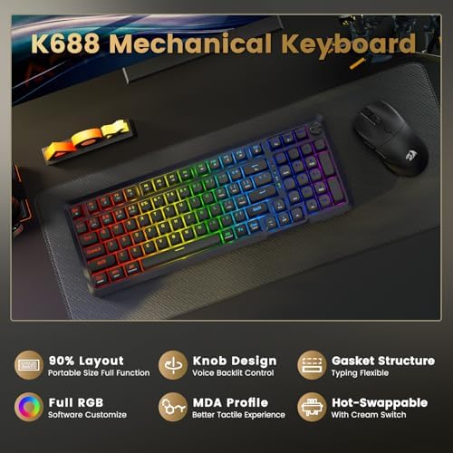 Redragon Wireless Mechanical Keyboard  3 Mode Gasket Mounted RGB Gaming Keyboard with Volume Knob  Pre Lubed Linear Switches  MDA Profile  98 Keys Hot Swappable Creamy Keyboard for PC/Tablet/Xbox/PS4