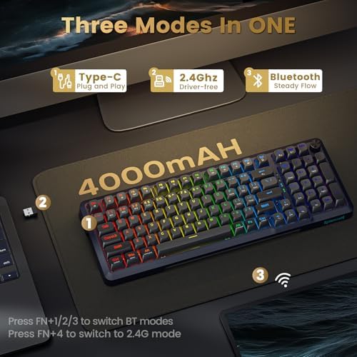 Redragon Wireless Mechanical Keyboard  3 Mode Gasket Mounted RGB Gaming Keyboard with Volume Knob  Pre Lubed Linear Switches  MDA Profile  98 Keys Hot Swappable Creamy Keyboard for PC/Tablet/Xbox/PS4