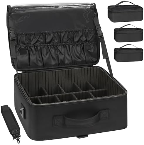 Relavel Makeup Case Large Makeup Bag Professional Train Case 16 5 inches Travel Cosmetic Organizer Brush Holder Waterproof Makeup Artist Storage Box  3 Layer Large Capacity  with Adjustable Strap