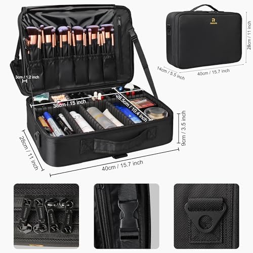 Relavel Makeup Case Large Makeup Bag Professional Train Case 16 5 inches Travel Cosmetic Organizer Brush Holder Waterproof Makeup Artist Storage Box  3 Layer Large Capacity  with Adjustable Strap