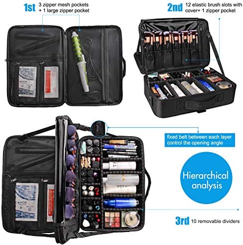 Relavel Makeup Case Large Makeup Bag Professional Train Case 16 5 inches Travel Cosmetic Organizer Brush Holder Waterproof Makeup Artist Storage Box  3 Layer Large Capacity  with Adjustable Strap