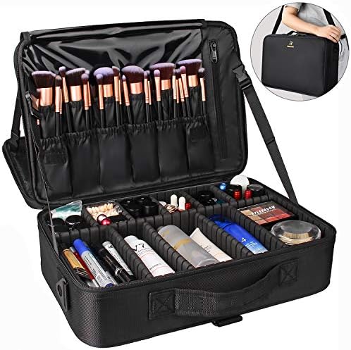 Relavel Makeup Case Large Makeup Bag Professional Train Case 16 5 inches Travel Cosmetic Organizer Brush Holder Waterproof Makeup Artist Storage Box  3 Layer Large Capacity  with Adjustable Strap
