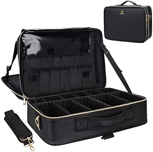 Relavel Makeup Case Large Makeup Bag Professional Train Case 16 5 inches Travel Cosmetic Organizer Brush Holder Waterproof Makeup Artist Storage Box  3 Layer Large Capacity  with Adjustable Strap