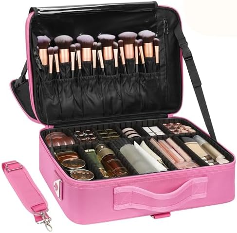 Relavel Makeup Case Large Makeup Bag Professional Train Case 16 5 inches Travel Cosmetic Organizer Brush Holder Waterproof Makeup Artist Storage Box  3 Layer Large Capacity  with Adjustable Strap