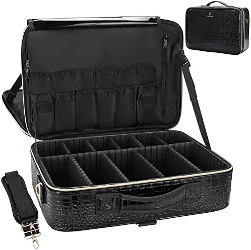 Relavel Makeup Case Large Makeup Bag Professional Train Case 16 5 inches Travel Cosmetic Organizer Brush Holder Waterproof Makeup Artist Storage Box  3 Layer Large Capacity  with Adjustable Strap