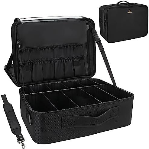 Relavel Makeup Case Large Makeup Bag Professional Train Case 16 5 inches Travel Cosmetic Organizer Brush Holder Waterproof Makeup Artist Storage Box  3 Layer Large Capacity  with Adjustable Strap