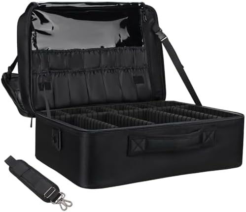 Relavel Makeup Case Large Makeup Bag Professional Train Case 16 5 inches Travel Cosmetic Organizer Brush Holder Waterproof Makeup Artist Storage Box  3 Layer Large Capacity  with Adjustable Strap