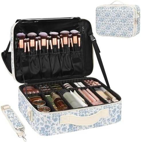 Relavel Makeup Case Large Makeup Bag Professional Train Case 16 5 inches Travel Cosmetic Organizer Brush Holder Waterproof Makeup Artist Storage Box  3 Layer Large Capacity  with Adjustable Strap