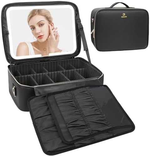 Relavel Makeup Case Large Makeup Bag Professional Train Case 16 5 inches Travel Cosmetic Organizer Brush Holder Waterproof Makeup Artist Storage Box  3 Layer Large Capacity  with Adjustable Strap