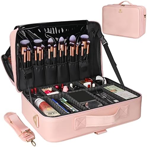 Relavel Makeup Case Large Makeup Bag Professional Train Case 16 5 inches Travel Cosmetic Organizer Brush Holder Waterproof Makeup Artist Storage Box  3 Layer Large Capacity  with Adjustable Strap