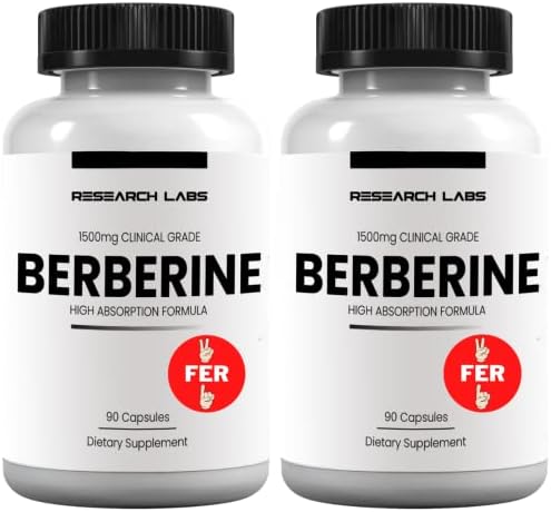 Research Labs 2 Fer 1 Ad   1500mg Clinical Grade Berberine High Absorption Formula & BerberQuil  Support  180 Total Capsules  500mg Each Capsule