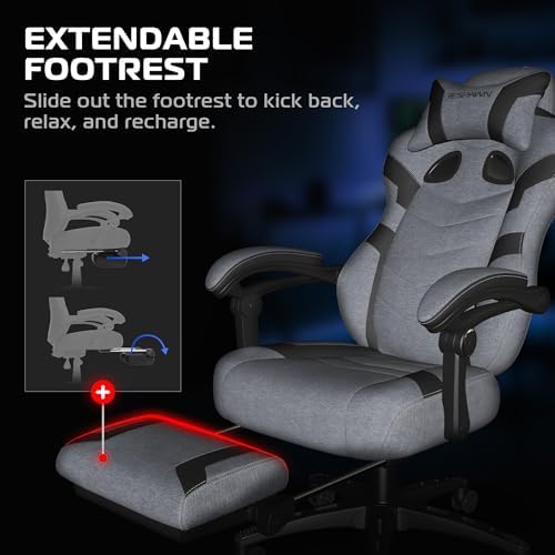 Respawn 110 Pro Ergonomic Gaming Chair with Footrest for Adults   Comfortable Office Gaming Recliner with Lumbar Support and Headrest  Racing Style Video Game Chairs for Computer Gamer   Gray Fabric