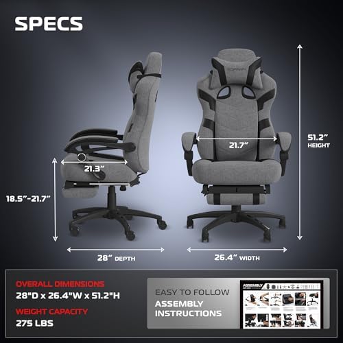 Respawn 110 Pro Ergonomic Gaming Chair with Footrest for Adults   Comfortable Office Gaming Recliner with Lumbar Support and Headrest  Racing Style Video Game Chairs for Computer Gamer   Gray Fabric