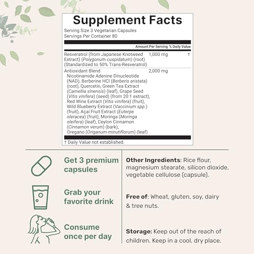 Resveratrol NAD Supplements for Women & Men 3 000mg  240 Veggie Capsules   NMHN Supplement Alternative   11 in 1 Antioxidant Blend of Quercetin  Moringa  & More   Immune  Heart  & Brain Support