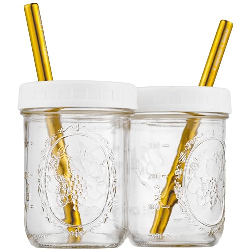 Tazas reutilizables para batidos de boca ancha para té Boba, Tazas de té de burbujas con tapas y popotes dorados, Frascos de vidrio con forma de bola, Vasos de vidrio (paquete de 2, frascos de vidrio de 16 oz)