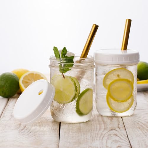 Tazas reutilizables para batidos de boca ancha para té Boba, Tazas de té de burbujas con tapas y popotes dorados, Frascos de vidrio con forma de bola, Vasos de vidrio (paquete de 2, frascos de vidrio de 16 oz)