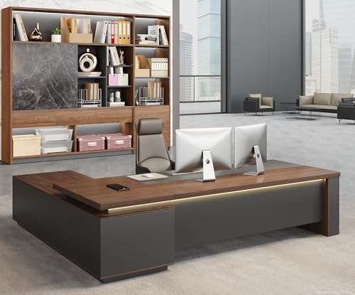Reversible L Shaped Executive Desk with Drawers   Large Modern Executive Office Desk with Open Storage Shelves  LED Lighting  Built in Outlet & USB Port for Office & Home Office  95L   71W   30H
