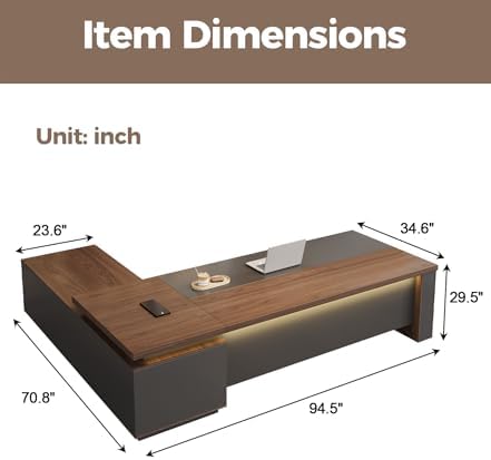 Reversible L Shaped Executive Desk with Drawers   Large Modern Executive Office Desk with Open Storage Shelves  LED Lighting  Built in Outlet & USB Port for Office & Home Office  95L   71W   30H