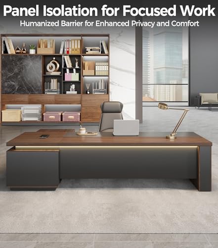 Reversible L Shaped Executive Desk with Drawers   Large Modern Executive Office Desk with Open Storage Shelves  LED Lighting  Built in Outlet & USB Port for Office & Home Office  95L   71W   30H