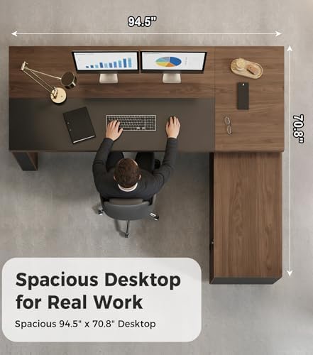 Reversible L Shaped Executive Desk with Drawers   Large Modern Executive Office Desk with Open Storage Shelves  LED Lighting  Built in Outlet & USB Port for Office & Home Office  95L   71W   30H