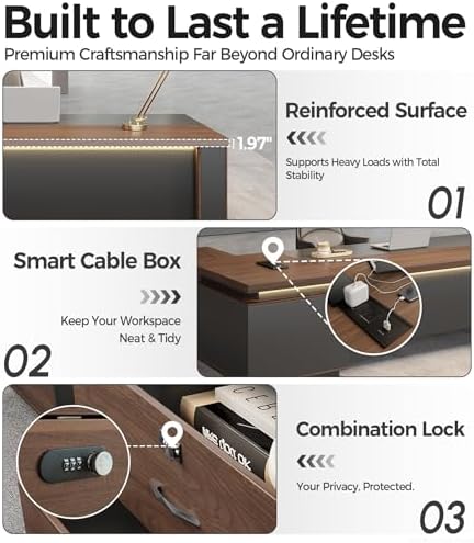 Reversible L Shaped Executive Desk with Drawers   Large Modern Executive Office Desk with Open Storage Shelves  LED Lighting  Built in Outlet & USB Port for Office & Home Office  95L   71W   30H