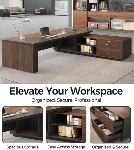 Reversible L Shaped Executive Desk with Drawers   Large Modern Executive Office Desk with Open Storage Shelves  LED Lighting  Built in Outlet & USB Port for Office & Home Office  95L   71W   30H
