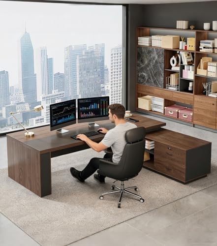 Reversible L Shaped Executive Desk with Drawers   Large Modern Executive Office Desk with Open Storage Shelves  LED Lighting  Built in Outlet & USB Port for Office & Home Office  95L   71W   30H