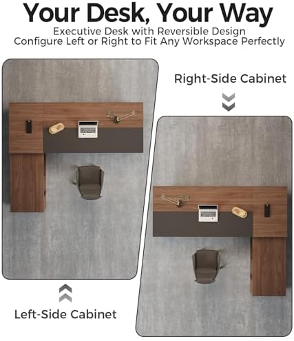 Reversible L Shaped Executive Desk with Drawers   Large Modern Executive Office Desk with Open Storage Shelves  LED Lighting  Built in Outlet & USB Port for Office & Home Office  95L   71W   30H